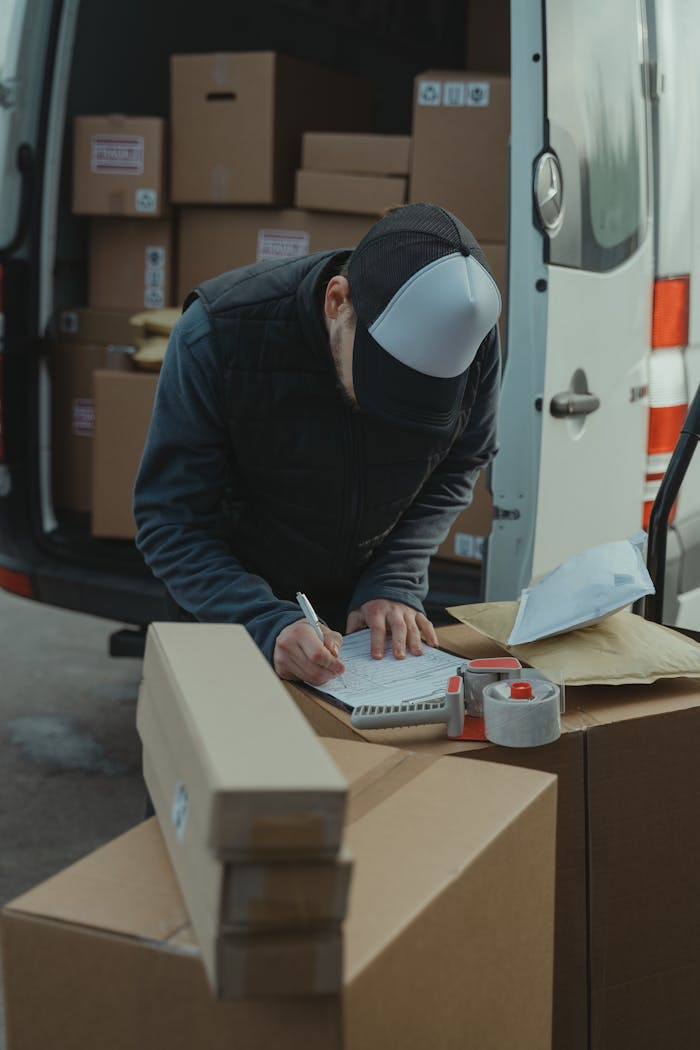 our-experience Courier organizing packages from a van, preparing for delivery in a logistics setting.